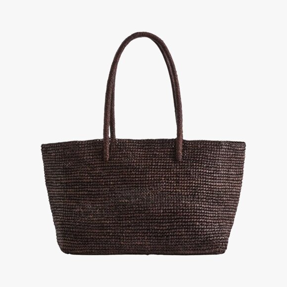 (LIKE NEW) COS | RAFFIA STRAW LEATHER HAND-WOVEN DARK BROWN TOTE SHOULDER BAG - Picture 1 of 8